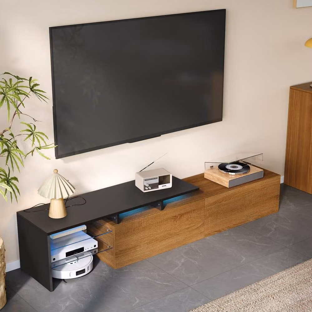 Matteo Modern TV Cabinet in Black and Wood Look with Integrated Lighting and Glass Details, W/D/H: 170.0 x 33.0 x 33.5 cm – 4