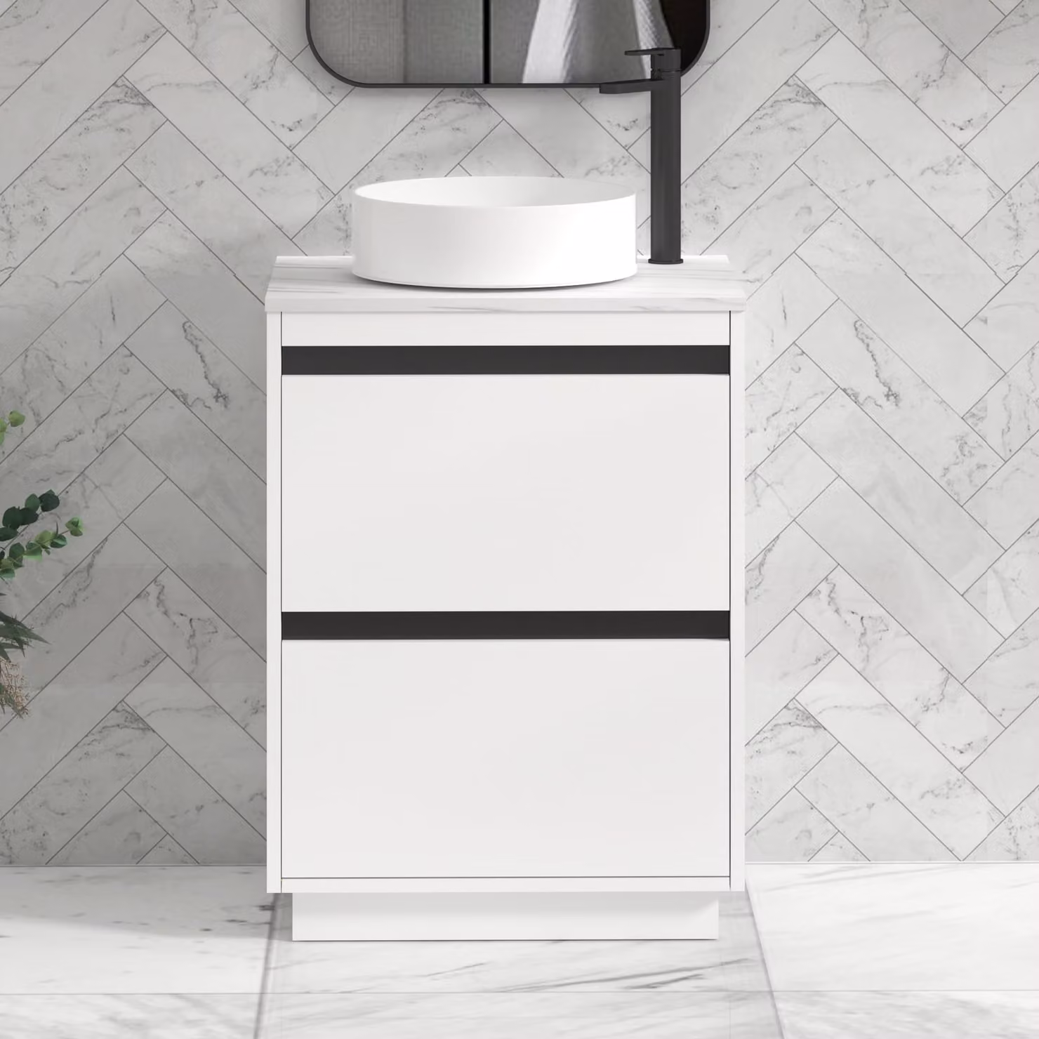 Royal Bathrooms Orion 800mm Matt White Floor Standing 2 Drawer Vanity Unit with Carrara White Undrilled Worktop and Black Accent Trim