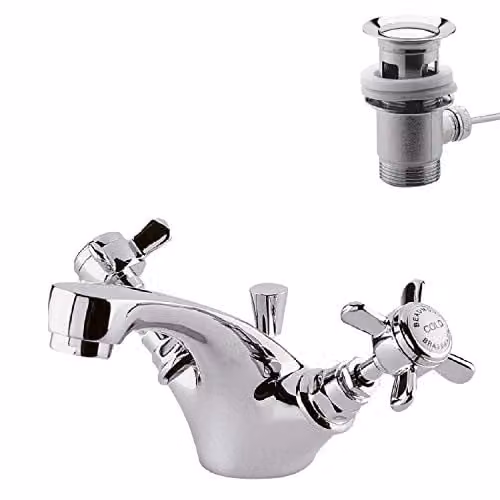 nuie I345X Beaumont Traditional Chrome Mono Basin Mixer Tap with Crosshead Handles and Pop-Up Waste, W: 10.5 cm, D: 5.0 cm, H: 15.5 cm