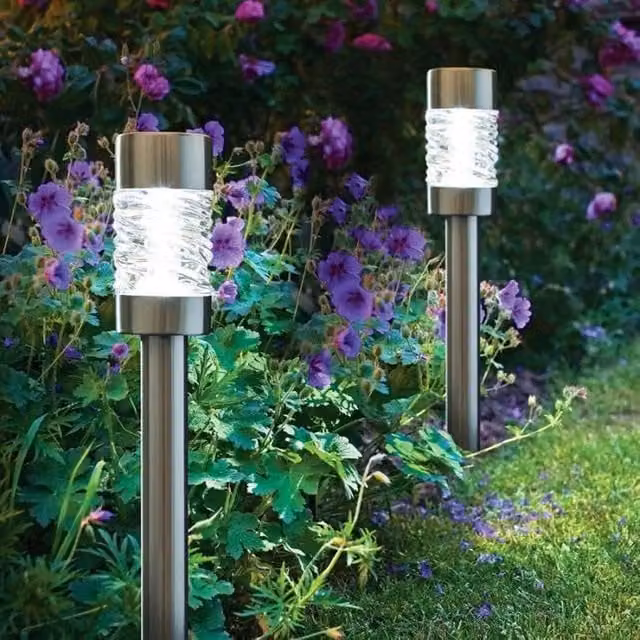 Marco Paul 3 Pack of Silver Stainless Steel Solar Powered LED Stake Lights, Height: 58 cm – 1