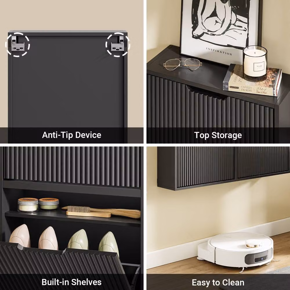 SoBuy Modern Black Matt Wall Mounted Shoe Cabinet with Tilting Compartments and Internal Shelves – 5