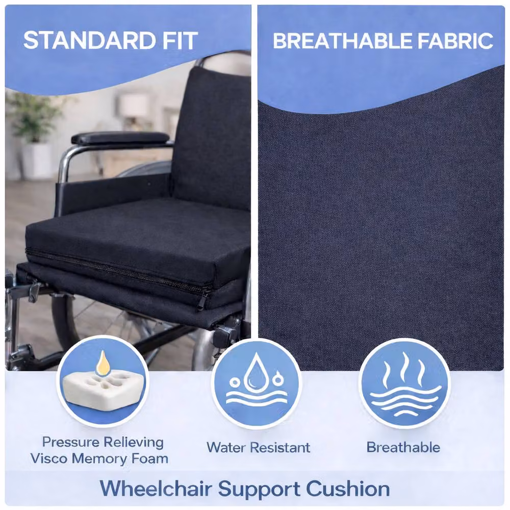 House of Home Ergonomic Memory Foam Wheelchair Cushion in Black, H 7.62 cm x W 45.72 cm x D 45.72 cm – 7
