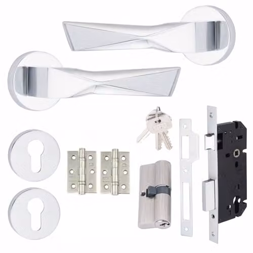 Golden Grace Aura Euro Lock Door Handles, Polished Chrome Key Lock Set, 70mm