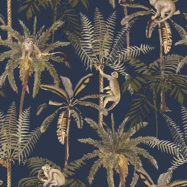 World of Wallpaper Amazonia Monkey Textured Navy Blue Botanical Animal Wallpaper