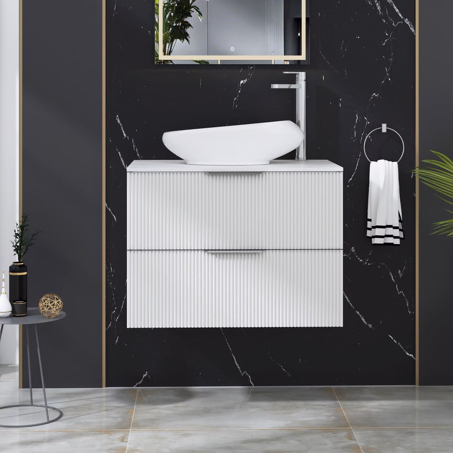 Royal Bathrooms Evora Matt White Fluted Wall Hung Vanity Unit with Nova Basin and 2 Drawers