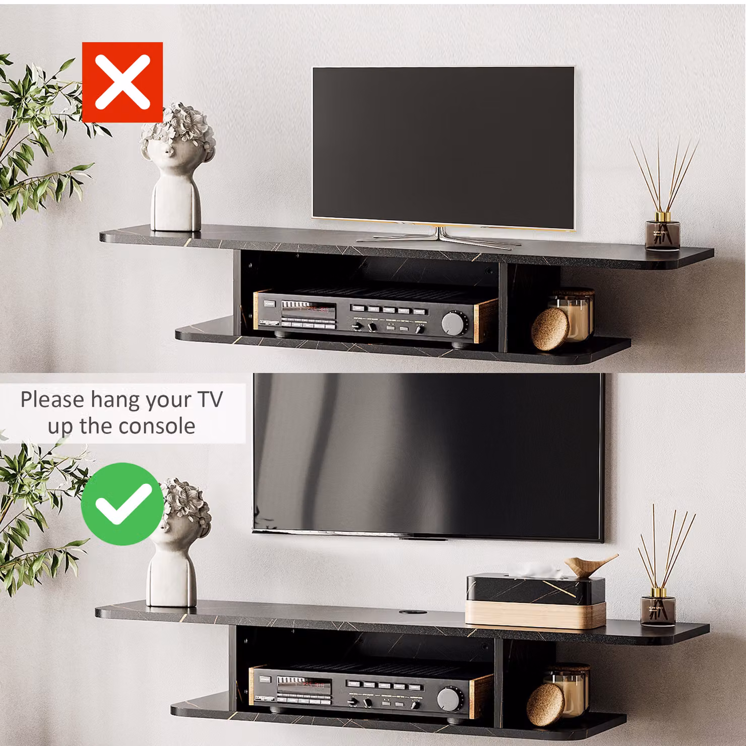 HOMCOM Black Wall Mounted Floating TV Unit Stand for TVs up to 40 inch with Media Storage Shelves – 5