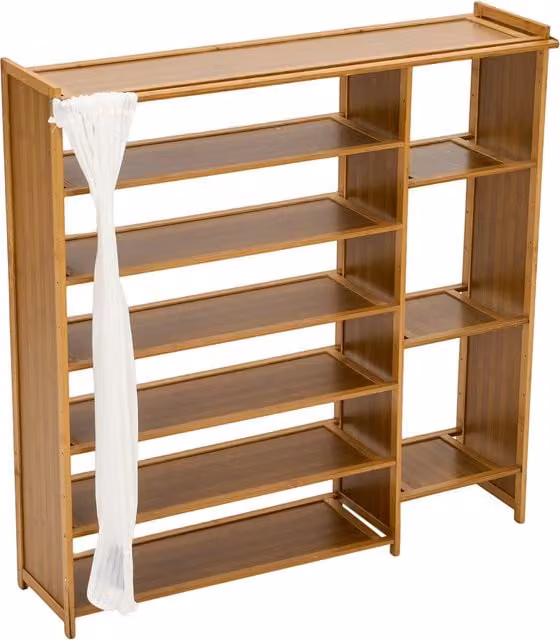 Livingandhome 7-Tier Bamboo Shoe Rack with Dust Cover and Back Panel in Natural Wood Finish