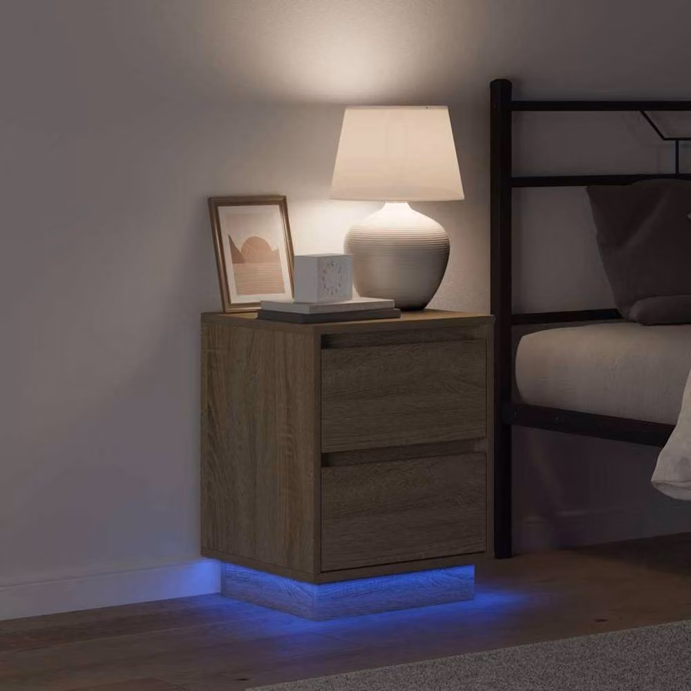 Berkfield Home Modern Bedside Cabinets with Integrated LED Lights, 2 Pack, Sonoma Oak in Light Tan, W/D/H: 39 x 34.5 x 50 cm – 2