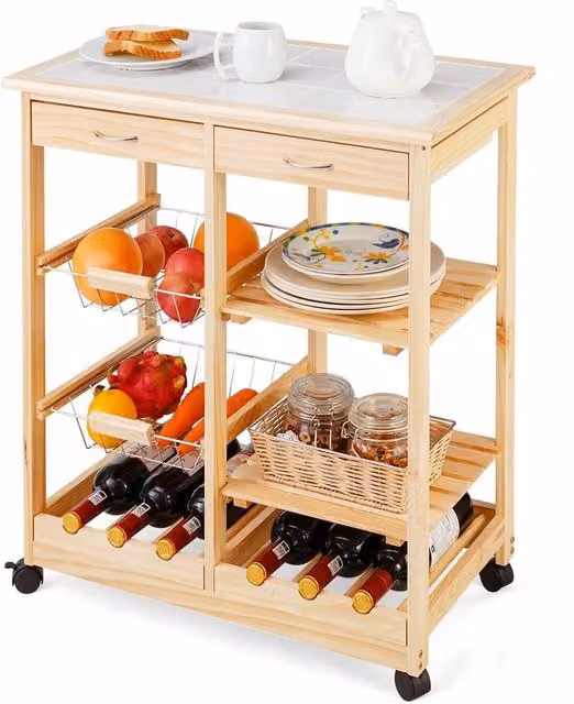 Costway Scandinavian Wood Rolling Storage Bar Cart Kitchen Trolley in Brown