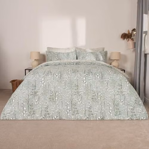 OHS Willow Branch Reversible Double Duvet Cover Set in Sage Green, W/D/H: 200 x 200 cm with 50 x 75 cm Pillowcases