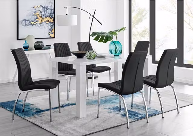 FurnitureboxUK Pivero White High Gloss Rectangular Dining Table and 6 Isco Chairs Set in Black