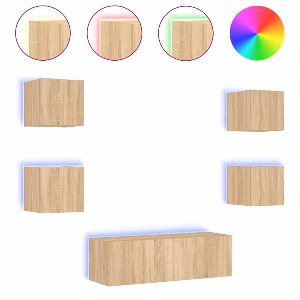 Berkfield Home 5 Piece Modern Wall Mounted TV Cabinet Set with Integrated LED Lighting in Brown Sonoma Oak – 2