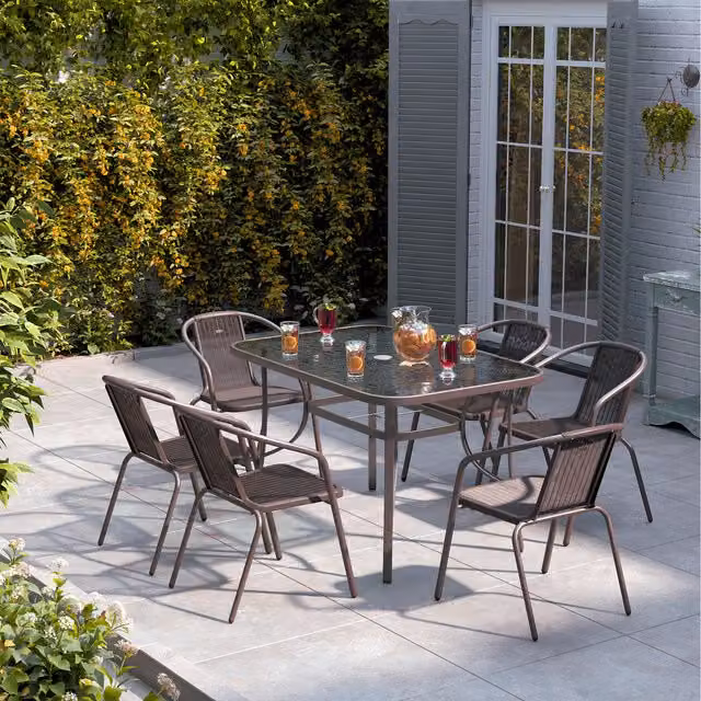 Livingandhome Modern Brown Bistro Set with Rectangular Tempered Glass Metal Table and 6 Stacking Chairs