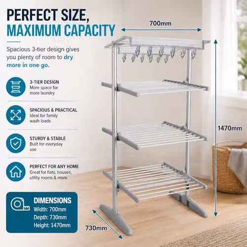 GlamHaus Digital Heated Clothes Airer with Cover in Silver, 300W Electric Drying Rack with Adjustable Temperature Control and 9-Hour Timer
