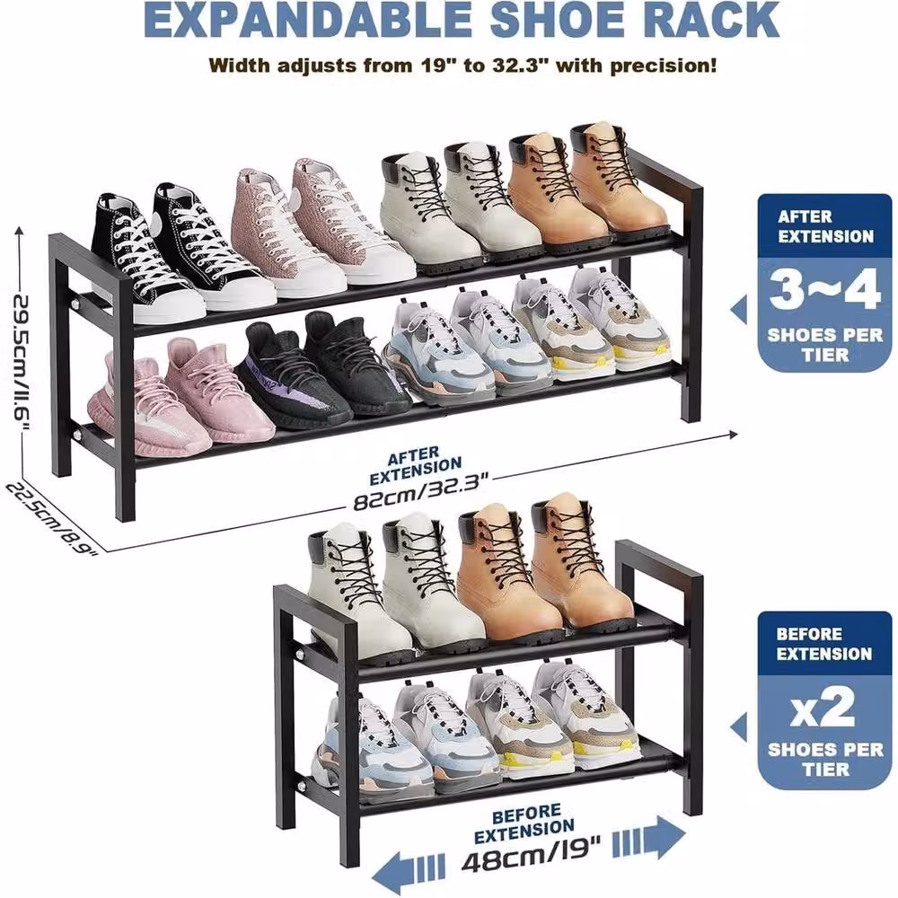 VOGREX 2-Tier Expandable Black Metal Shoe Rack – 2