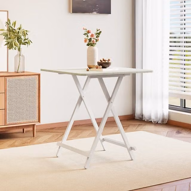 Livingandhome White Lacquered Foldable Wooden Square Dining Table for Garden and Terrace, W/D/H: 70 x 70 x 70 cm