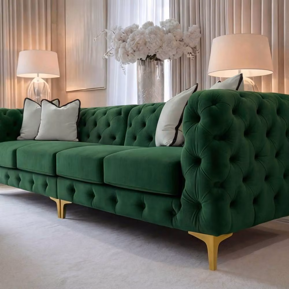 Sofaya Monaco Chesterfield 4 Seater L-Shape Velvet Sofa in Green with Scatter Cushions – 3