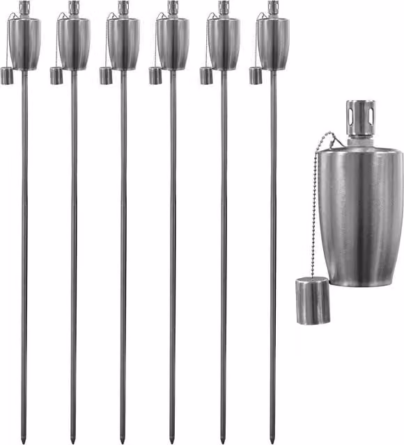 Harbour Housewares Silver Metal Barrel Garden Torches with Ground Spike, Pack of 6