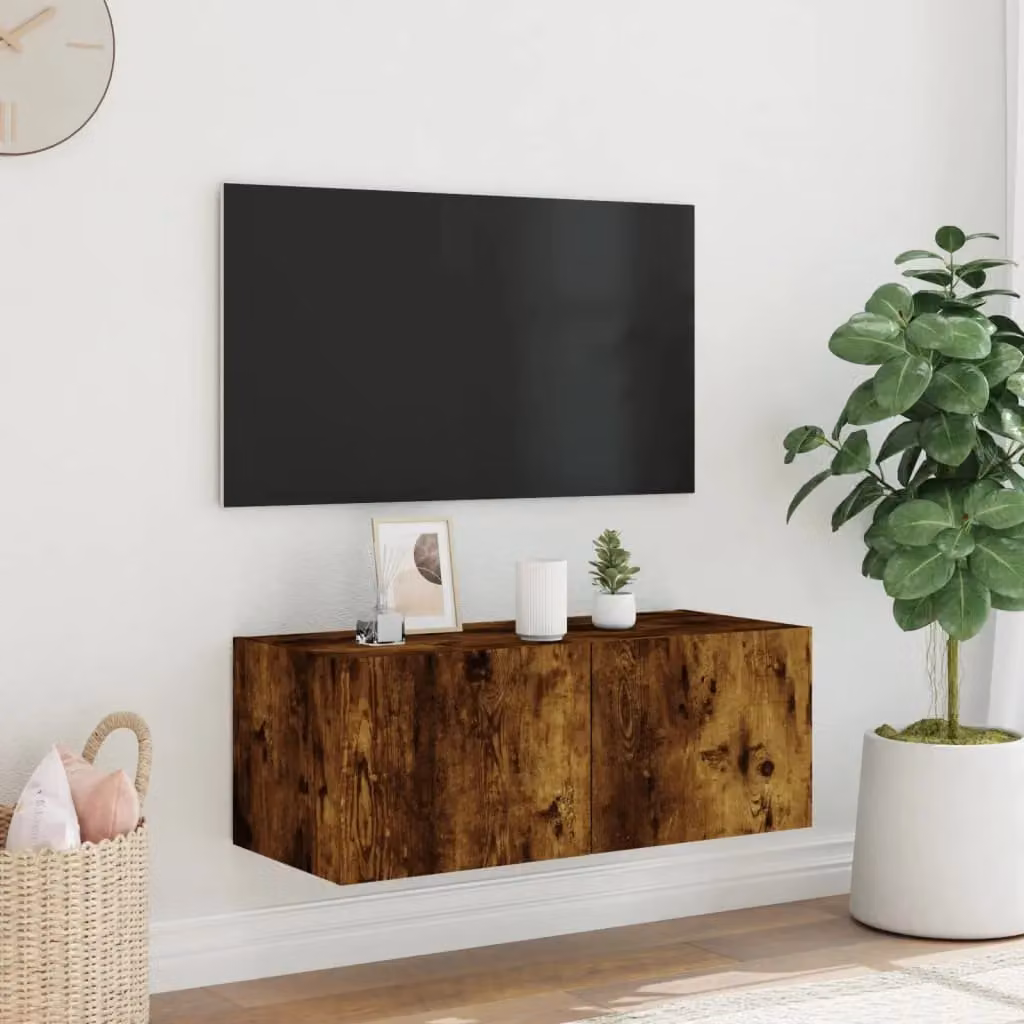 Berkfield Home Modern Wall Mounted TV Cabinet with Integrated LED Lights in Smoked Oak Brown, W/D/H: 80 x 35 x 31 cm – 4
