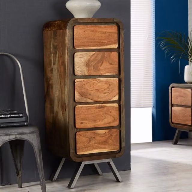 IH Design Retro Reclaimed Wood Tallboy Chest of 5 Drawers in Brown