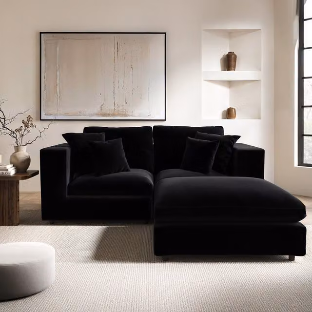 SolaceCo Asher 3 Seater L-Shape Sofa with Matching Ottoman and Scatter Cushions in Black Velvet
