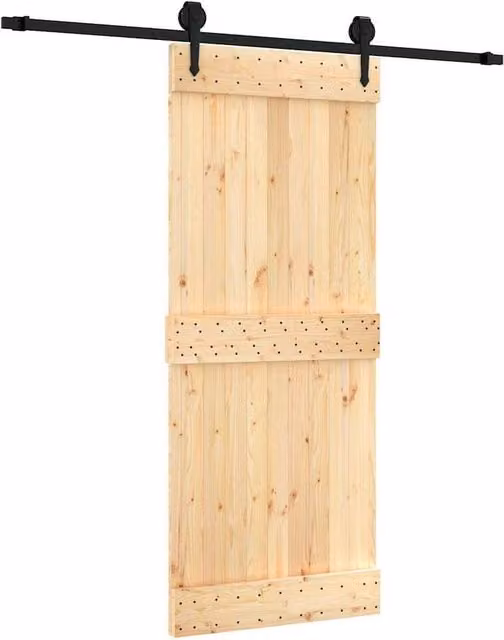 Berkfield Home Modern Sliding Door with Hardware Set in Brown Solid Pine Wood, W: 85 cm, H: 210 cm
