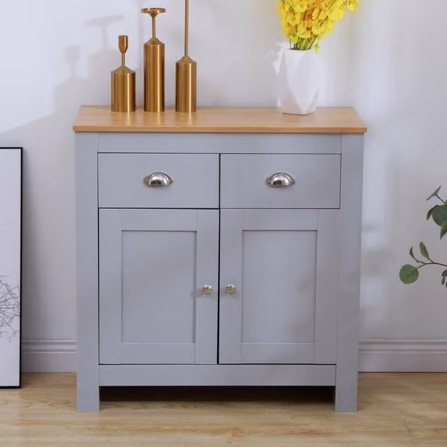 HMD Grey Wooden Sideboard Storage Cabinet with 2 Drawers and 2 Doors