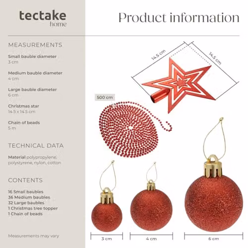 tectake 86-Pack Christmas Baubles Set with Star and String of Beads in Red and Gold – 6