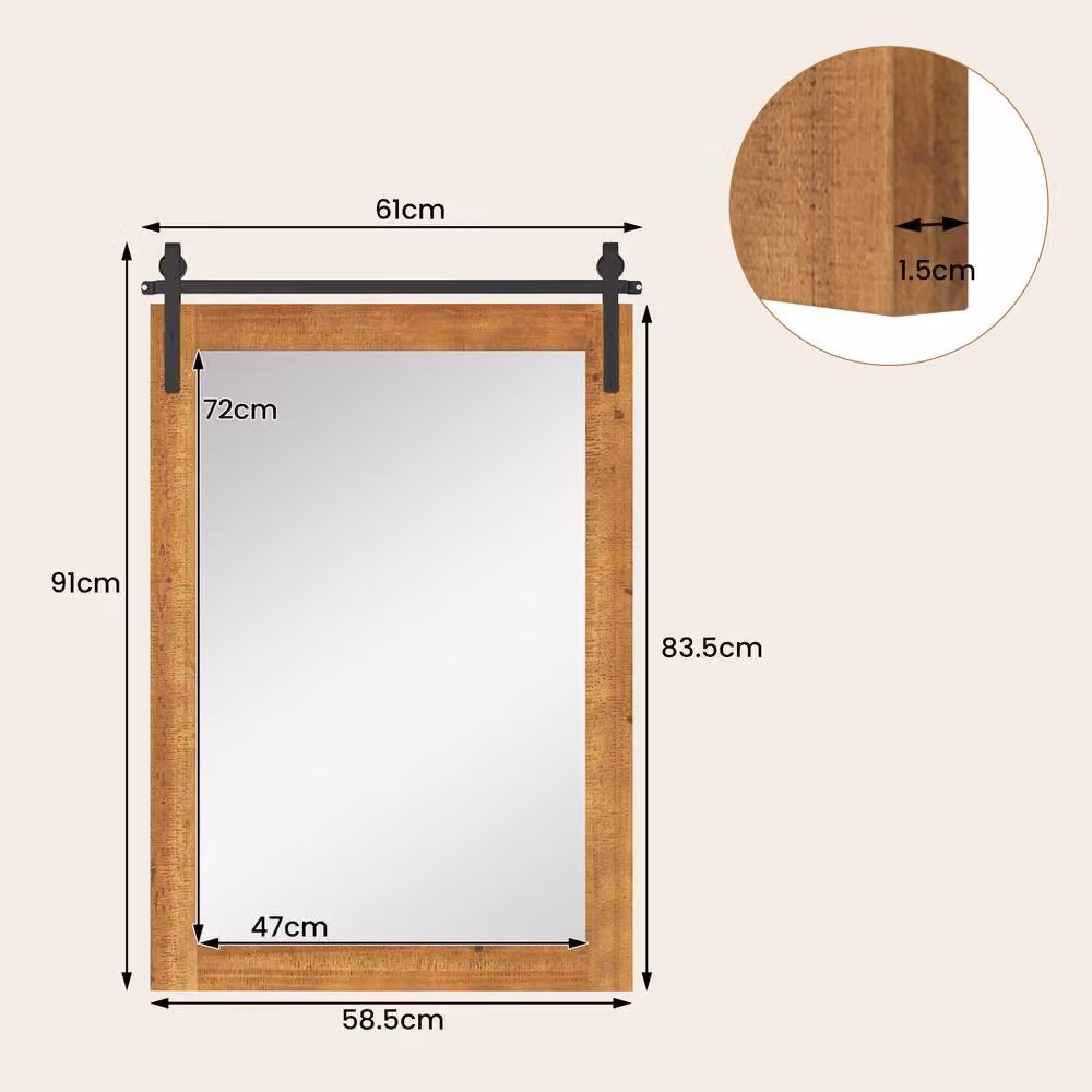 Gymax Rustic Farmhouse Rectangular Wall Mirror with Wood Frame and Metal Bracket, Brown, W: 61 cm, H: 91 cm – 2