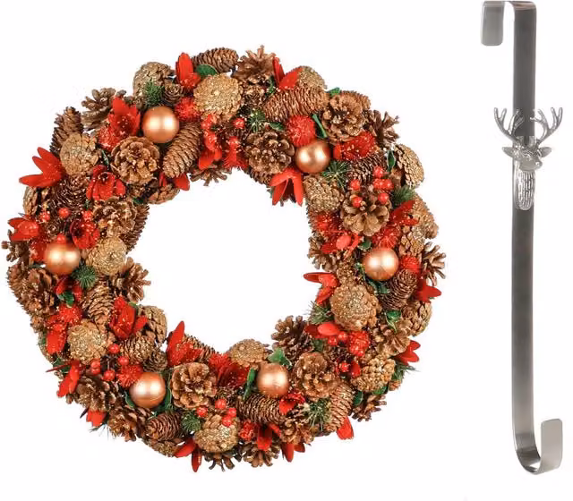Dibor Giant Canterbury Christmas Wreath with Stag Wreath Hanger, Red, Green, Gold and Multicolour, Diameter: 50 cm