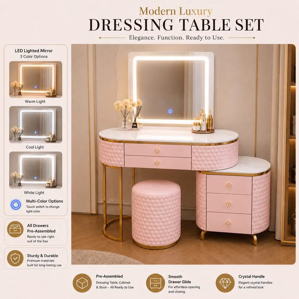 MN Furniture Modern Luxury Pink Dressing Table with LED Mirror, Stool and Cabinet, Width: 130 cm – 3