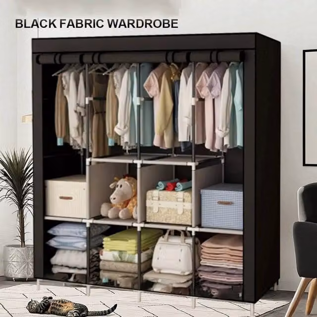 EONLION Large Black Fabric Wardrobe with Hanging Rail and Internal Shelves, Width: 100 cm