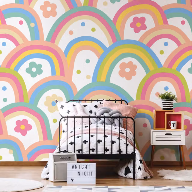 Origin Murals Rainbow Wobble Retro Floral Wall Mural in Pink and Multicolour