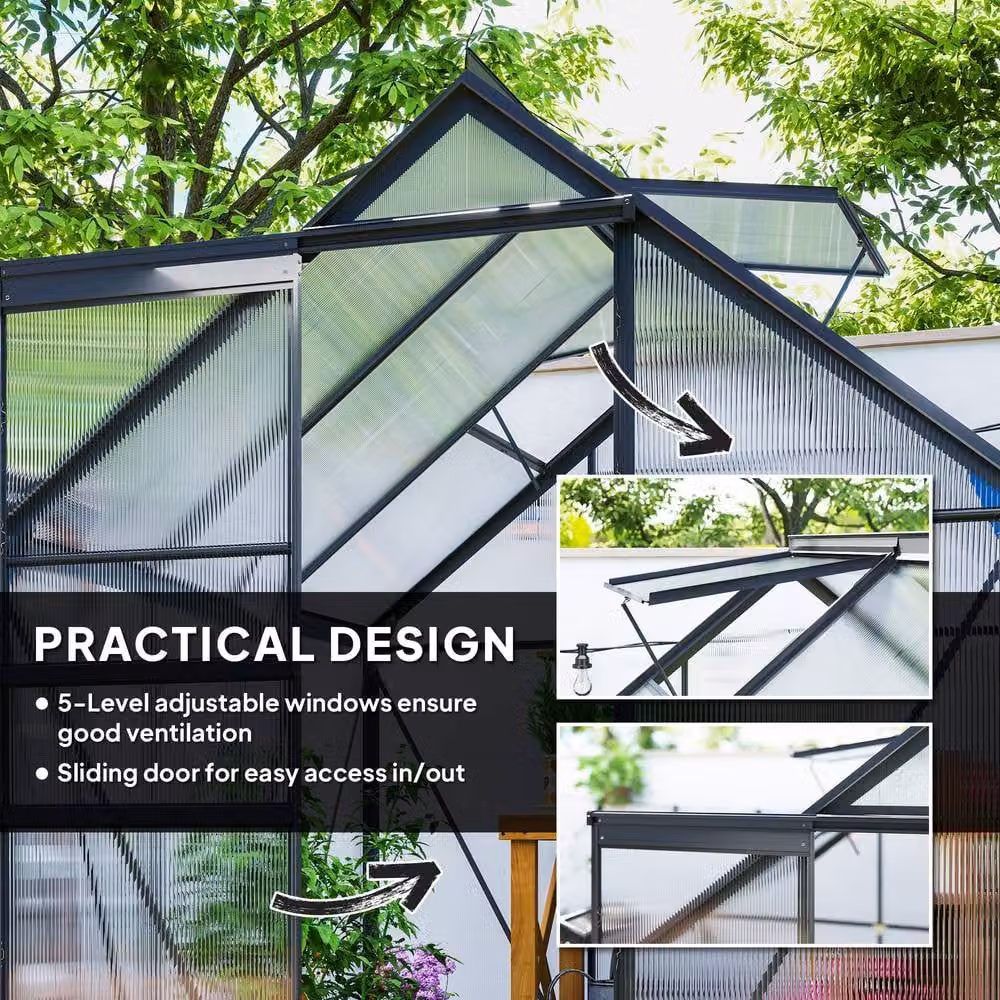 STILVORA Walk-In Greenhouse with Sliding Door and Polycarbonate Windows in Grey, W/D/H: 190 x 190 x 190 cm – 5
