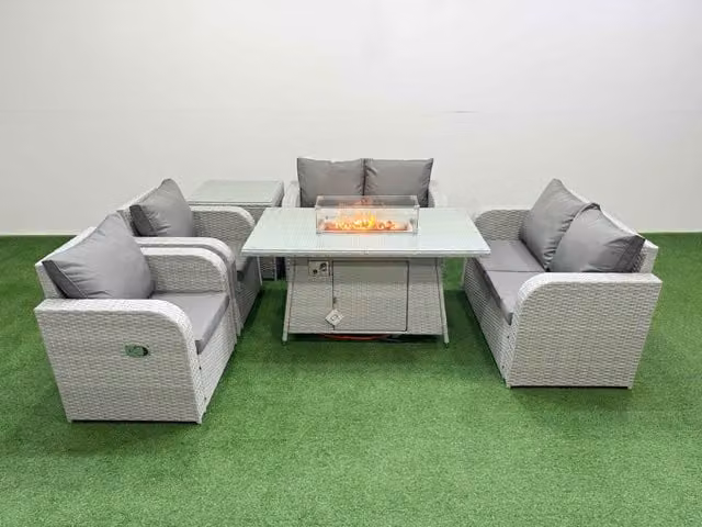 Fimous 6 Seater Rattan Garden Furniture Set with Reclining Chairs, Firepit Dining Table and Side Table in Light Grey