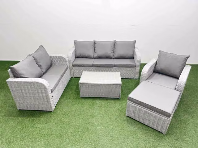 Fimous Patio 7 Seater Grey PE Wicker Rattan Outdoor Furniture Set with Coffee Table, 3 Seater Sofa, 2 Seater Sofa and Reclining Chairs