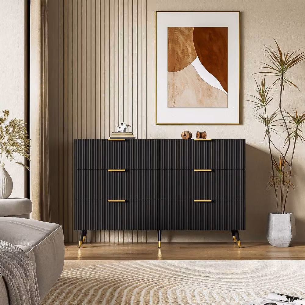 STILVORA Modern Sideboard with Six Drawers in Black and Gold – 6