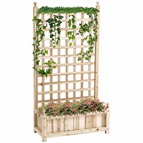 Outsunny Wooden Raised Garden Bed with Trellis, Brown, W: 64 cm, D: 28 cm, H: 120 cm