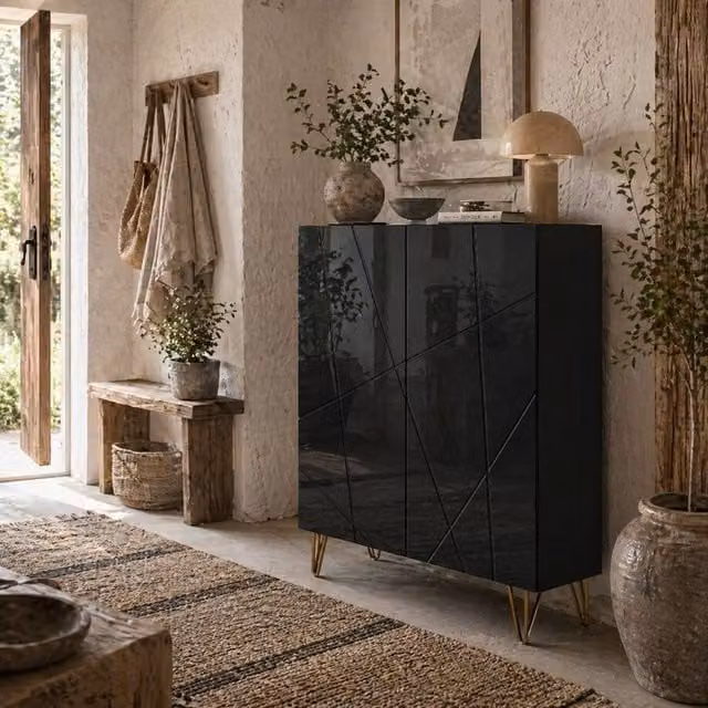 Wyld Haus Taco Mosa Slim High Gloss Black Shoe Cabinet with Soft Close Doors, W/D/H: 62.0 x 31.5 x 95.0 cm
