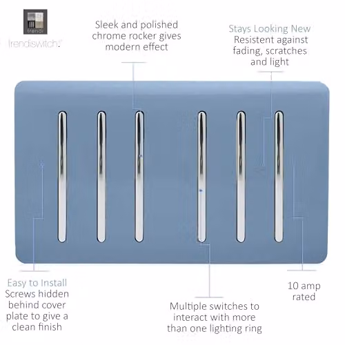 Trendi 6 Gang 2 Way Flush Rocker Light Switch, Blue Plastic Plate – 2