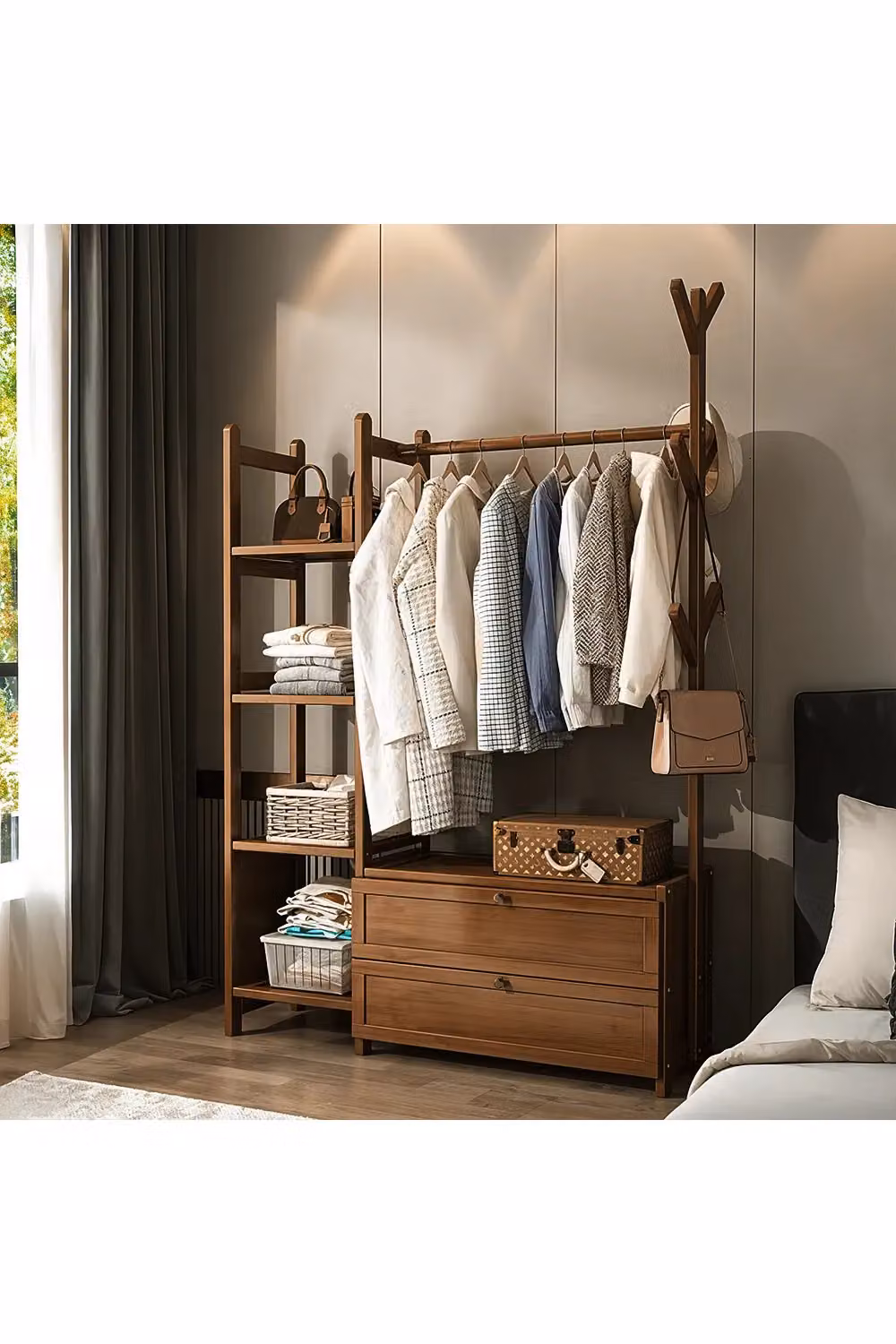 Living and Home Freestanding Bamboo Clothes Rack with Storage Shelves in Brown – 3