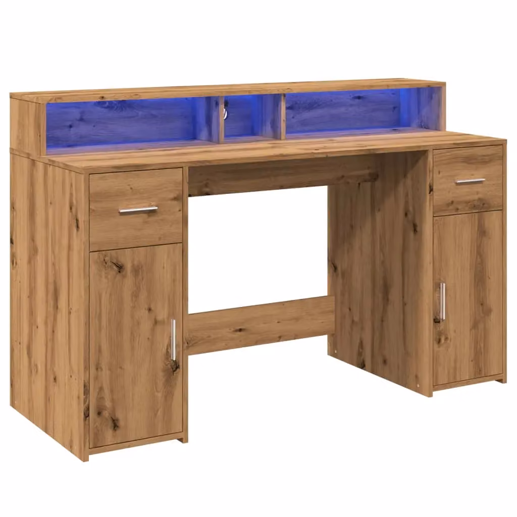 Berkfield Modern Gaming Desk with LED Lights in Artisan Oak Brown, W/D/H: 140 x 55 x 91 cm – 3