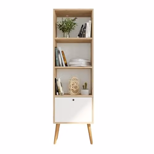 Bimossa Janus Wooden Bookcase with Cabinet and 3 Shelves, Oak and White Modern Small Bookshelf for Living Rooms and Childrens Bedrooms, W/D/H: 49.0 x 30.0 x 168.0 cm