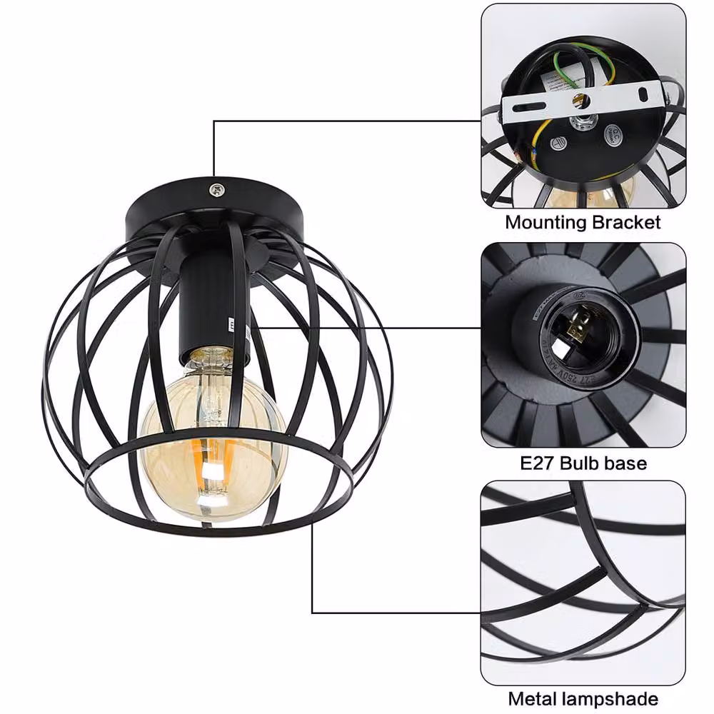 Pheashine Black Metal Cage Semi-Flush Ceiling Light with E27 Vintage Style Design – 4