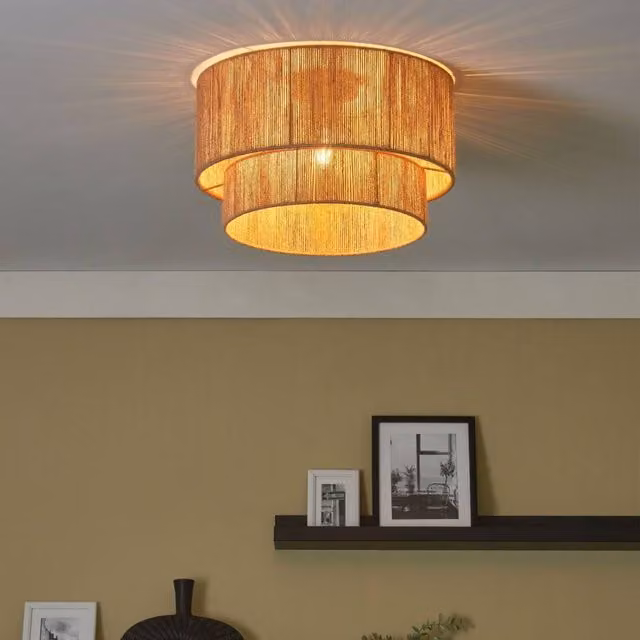 Wyld and Coco Adjustable Pendant Ceiling Lamp with Natural Jute Shade and Black Iron Base