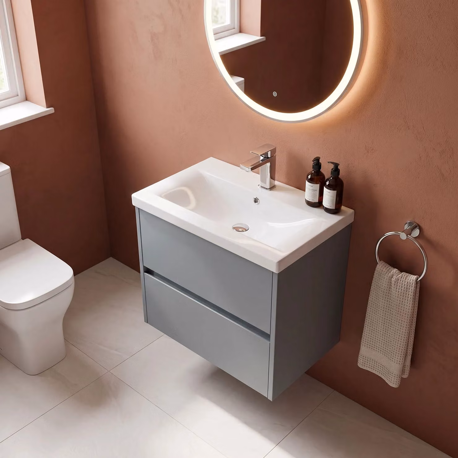 Balterley Wall Hung 2 Drawer Bathroom Vanity Unit with Ceramic Basin, Matt Grey, W: 60.0 cm, D: 39.0 cm, H: 57.9 cm – 3