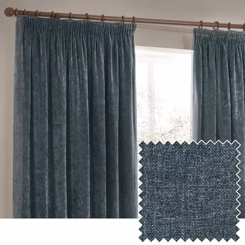 Riva Home Blue Heavy Chenille Pencil Pleat Curtain Pair, H 229 cm x W 137 cm