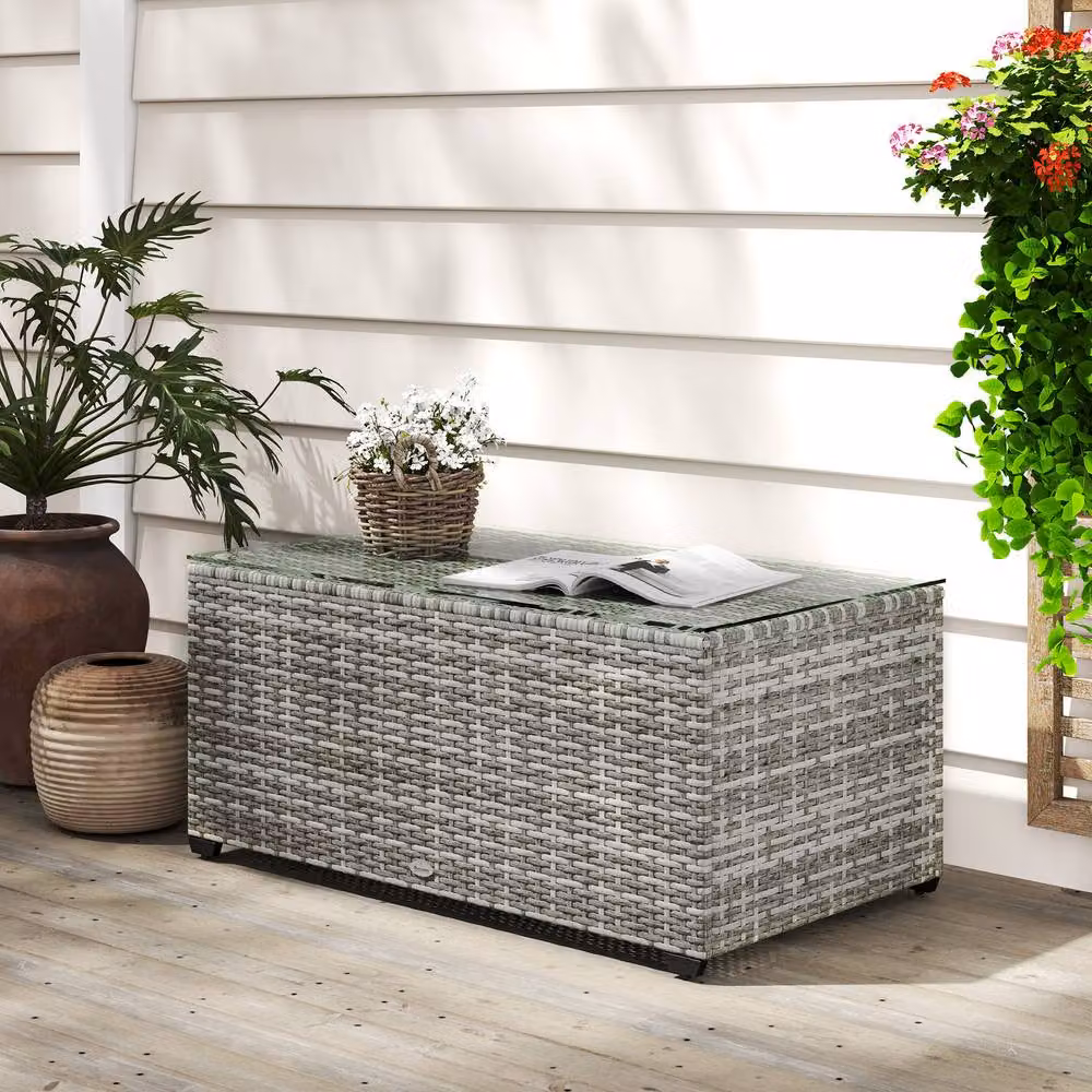 ERGOVEXA Modern Glass-Top Rattan Side Table in Light Grey, W: 90 cm, D: 50 cm, H: 38 cm – 3