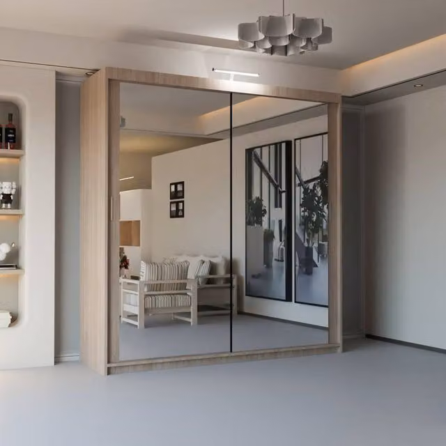 Sliding Wardrobes 4U Modern Mirror Sliding Wardrobe with Integrated LED Light in Light Oak, W: 100 cm, H: 217 cm – 1