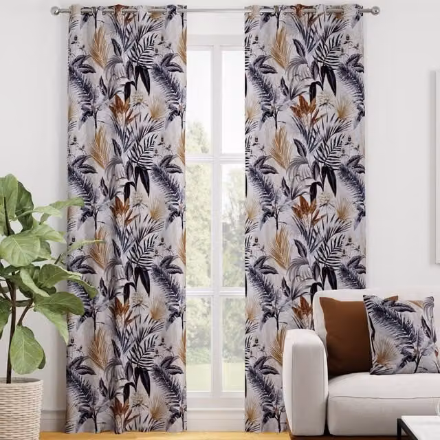 Terrys Sabah Made to Measure Blackout Cotton Floral Curtain Panel in Grey, Yellow and Multicolour with Eyelets
